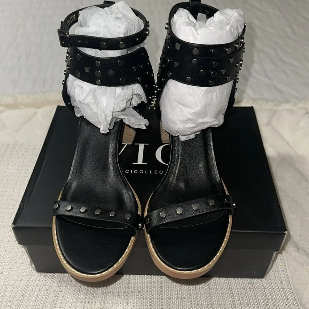 VICI 10 Celeste Black Metallic Studded Block Heel Strappy Multi Buckle Sandal - Picture 5 of 13